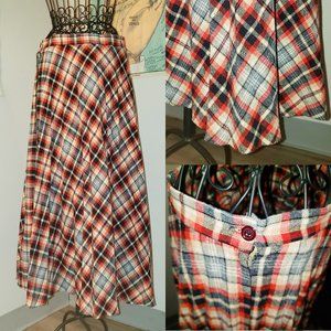 Vintage 1960's Wool Pleated Plaid A-Line Skirt Red, Black, Off-white, MOD